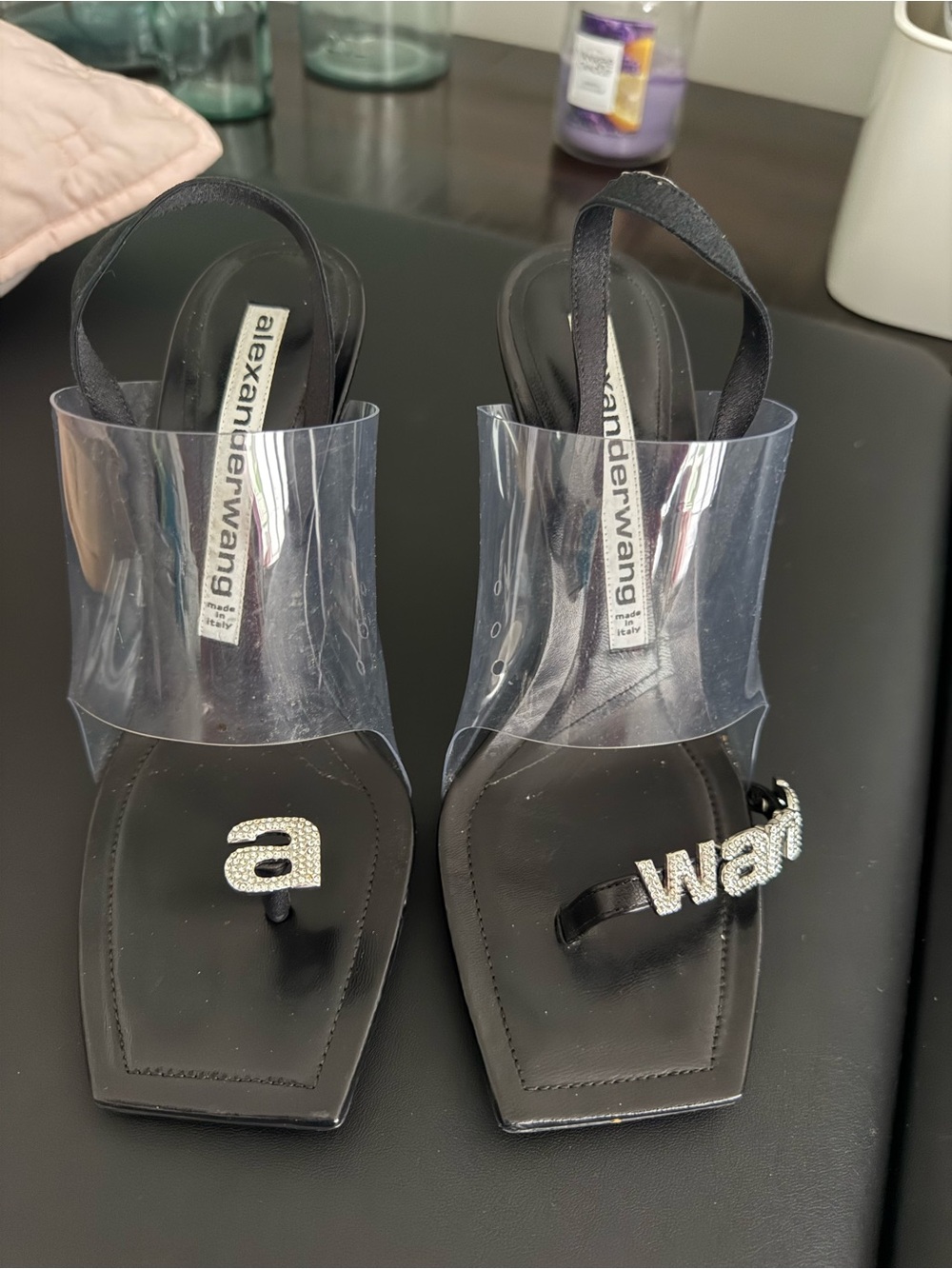 Alexander Wang Black Clear PVC Evening Heels with Rhinestone Logo - Picture 2 of 2